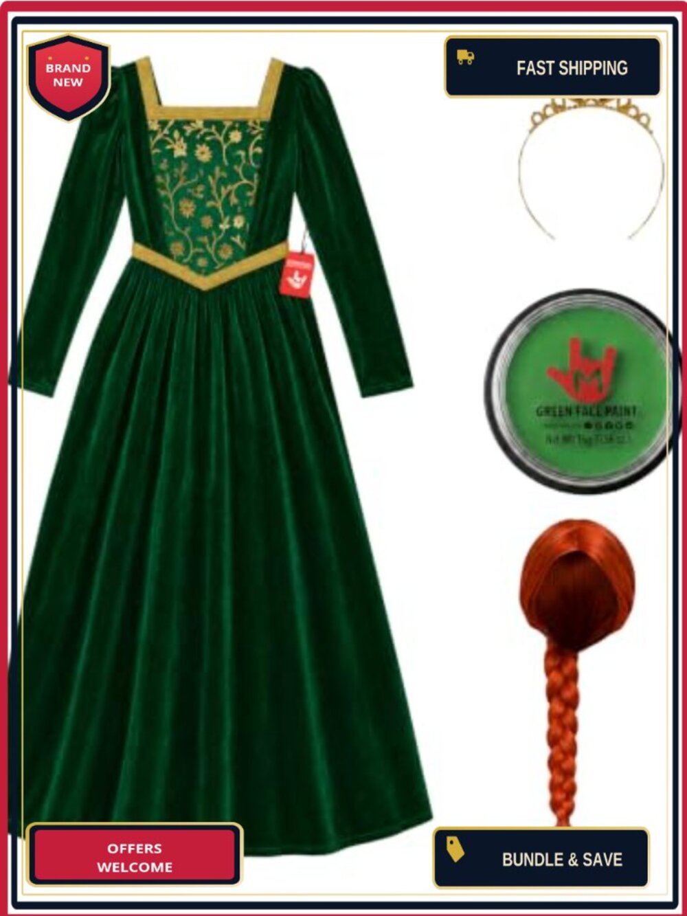 Fairytale Princess Costume Dress Wig Crown Face Paint Medieval Cosplay